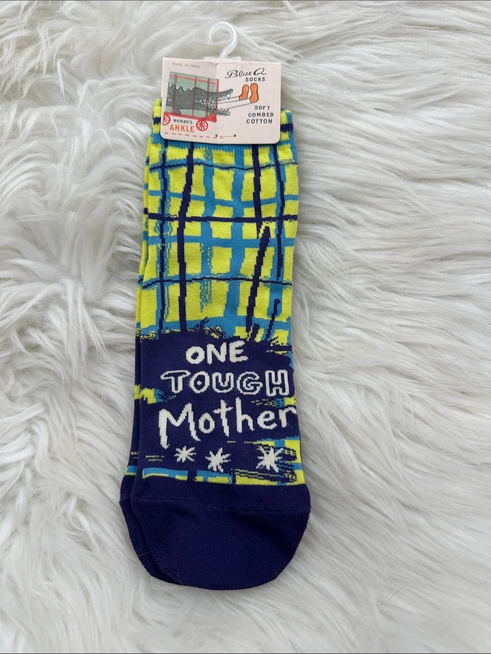 Blue Q Neon Yellow & Navy 'One Tough Mother' Ankle Socks